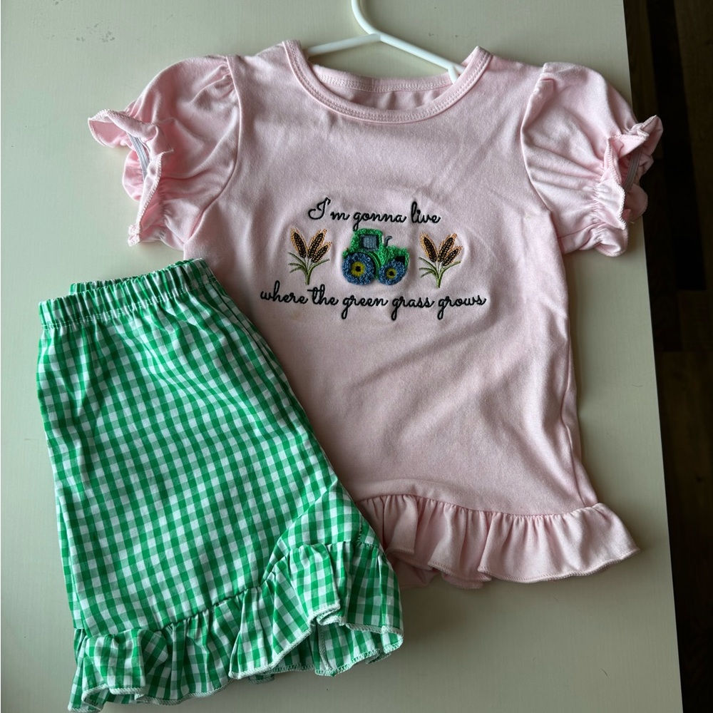 Pink & Green Kids Matching Set - Ruffle Tee and Gingham Shorts